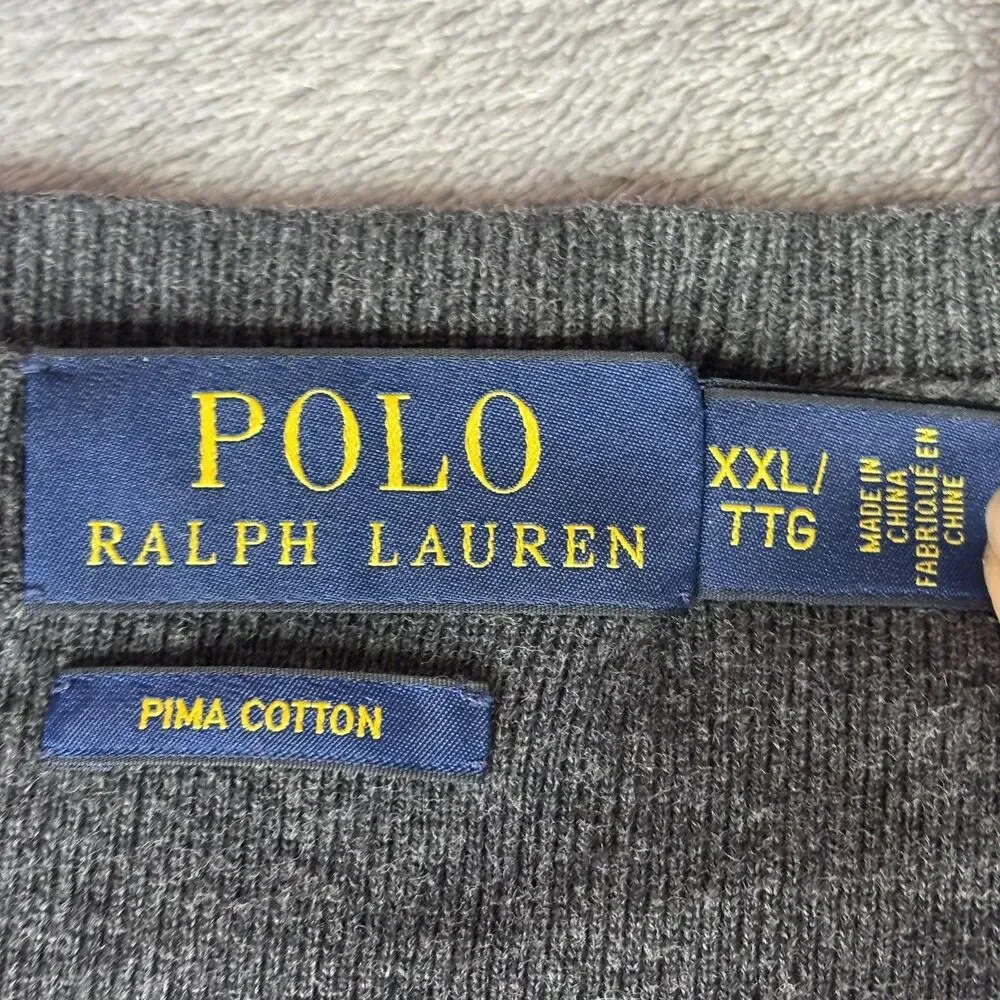 Polo Ralph Lauren Sweater Mens 2XL Gray‎ V Neck Pima Cotton Pullover Pony